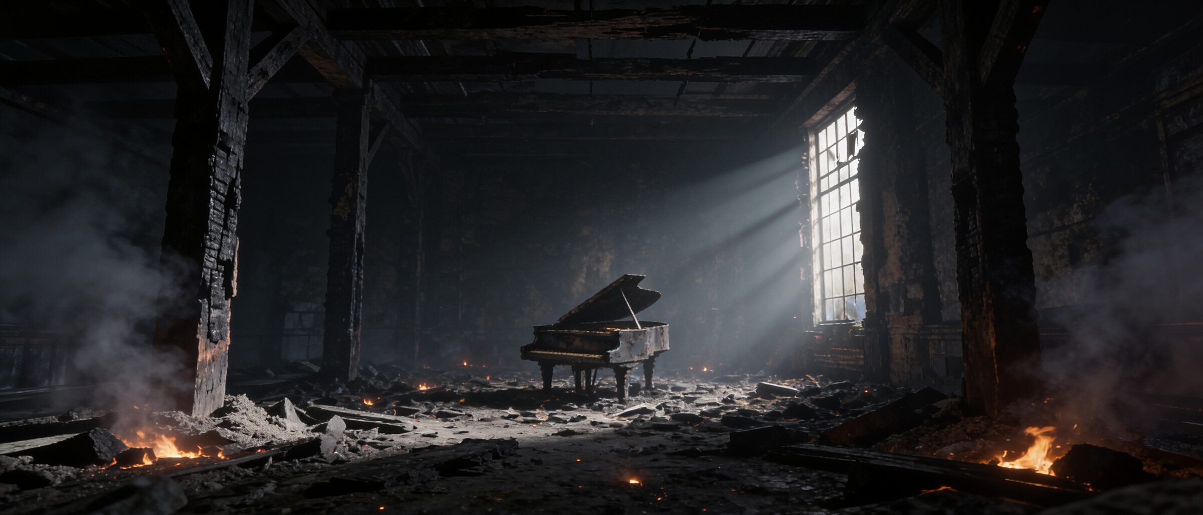 Ein verkohltes Klavier steht in einem dunklen, ausgebrannten Raum, Glutfunken glimmen zwischen den Trümmern, Licht fällt durch ein zerbrochenes Fenster.